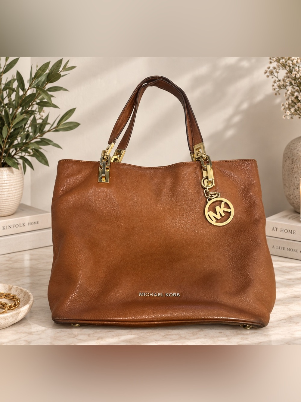 Michael Kors Gold Leather Tote Bag | Metallic Shoulder Purse Large Everyday Work